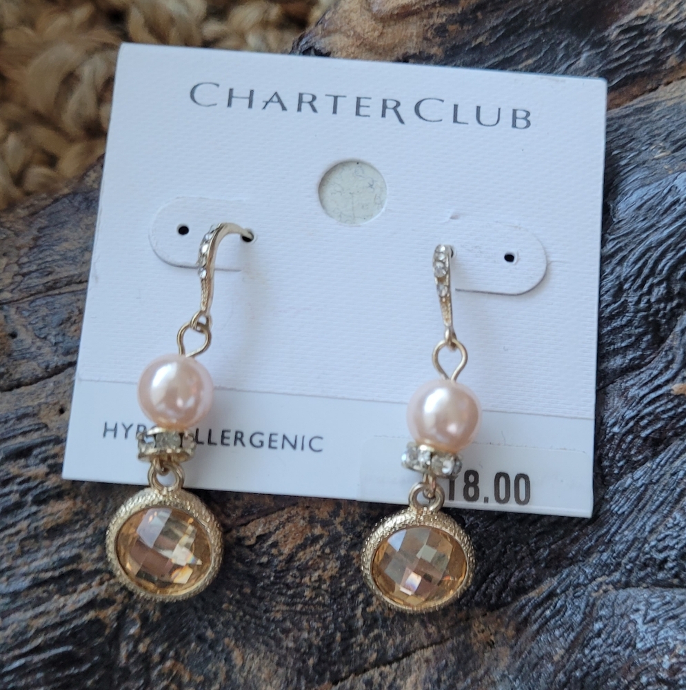 Charter Club Hypo Allergenic Faux Pearl and Faceted Gem Dangle Earrings